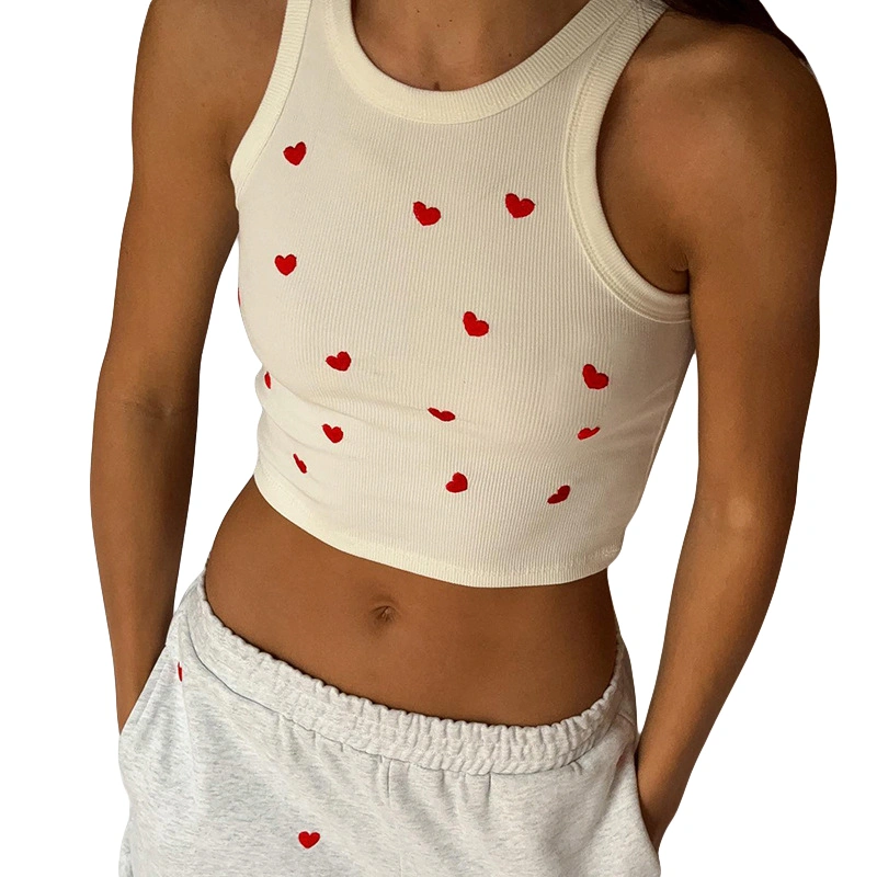 Women Knitted Tank Tops Heart Print Ribbed Slim Fit Crop Vest