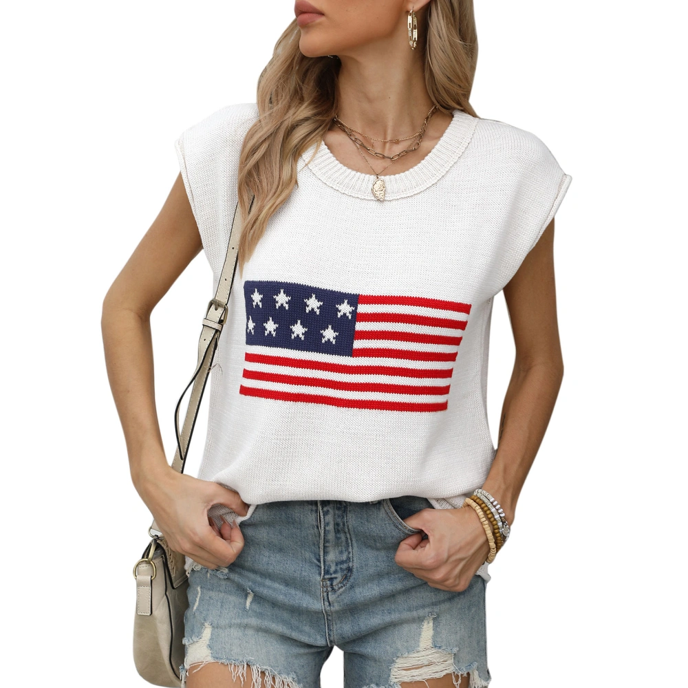 Women Summer Sweater Tops Cap Sleeve Flag Print Knitwear T-shirt