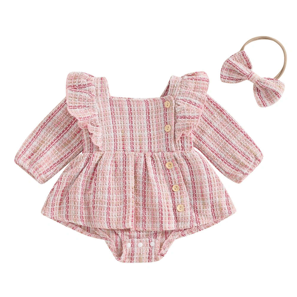 Baby Girl 2Pcs Fall Outfits Long Sleeve Tweed Romper with Headband 