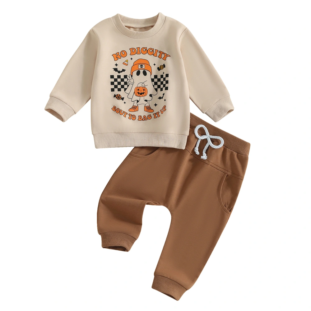 Boy Halloween Outfits Letter&Ghost Long Sleeve Sweatshirt Solid Pants