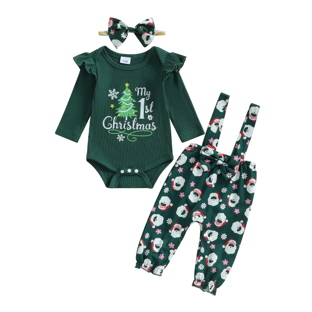 Christmas Baby Girl Outfit, Tree Print Romper Santa Pants Headband