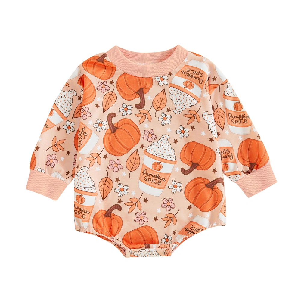 Girl Halloween Romper Pumpkin Print Long Sleeve Sweatshirt Jumpsuit 