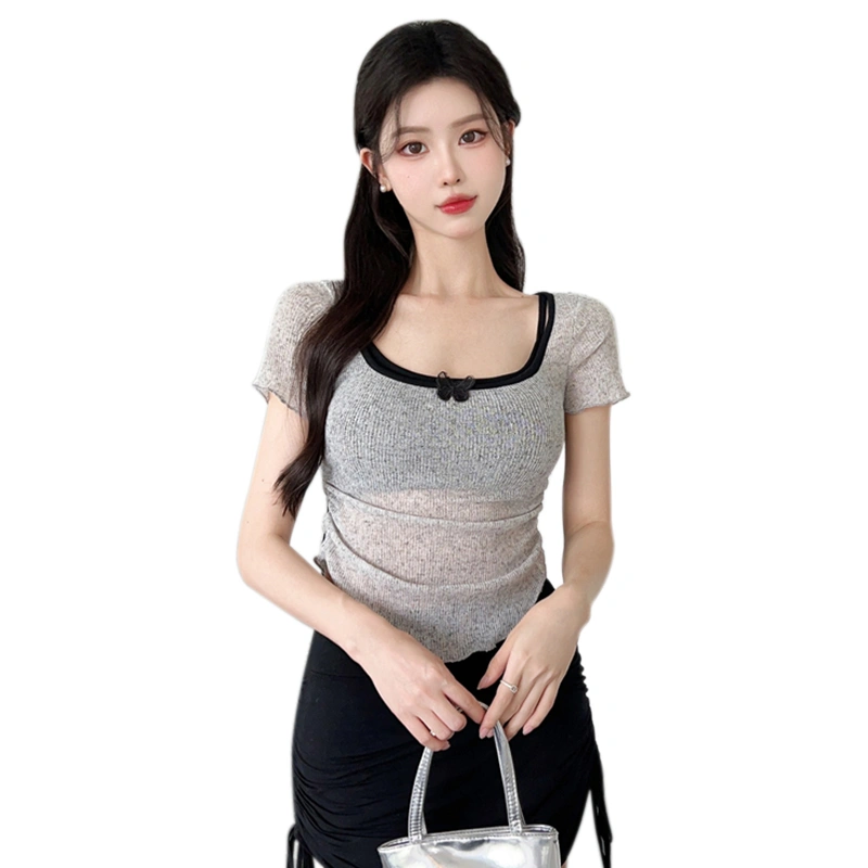 Women Knit Tops 3D Butterfly Curved Hemline Crop Sheer T-Shirts