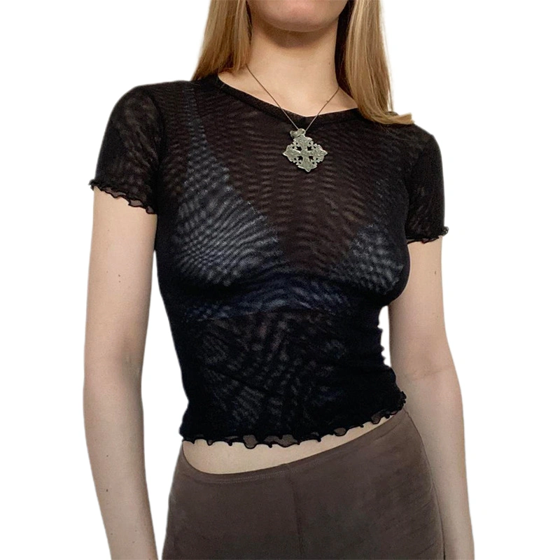 Women Sheer T-shirt, Short Sleeve Crew Neck Solid See-through Crop Top