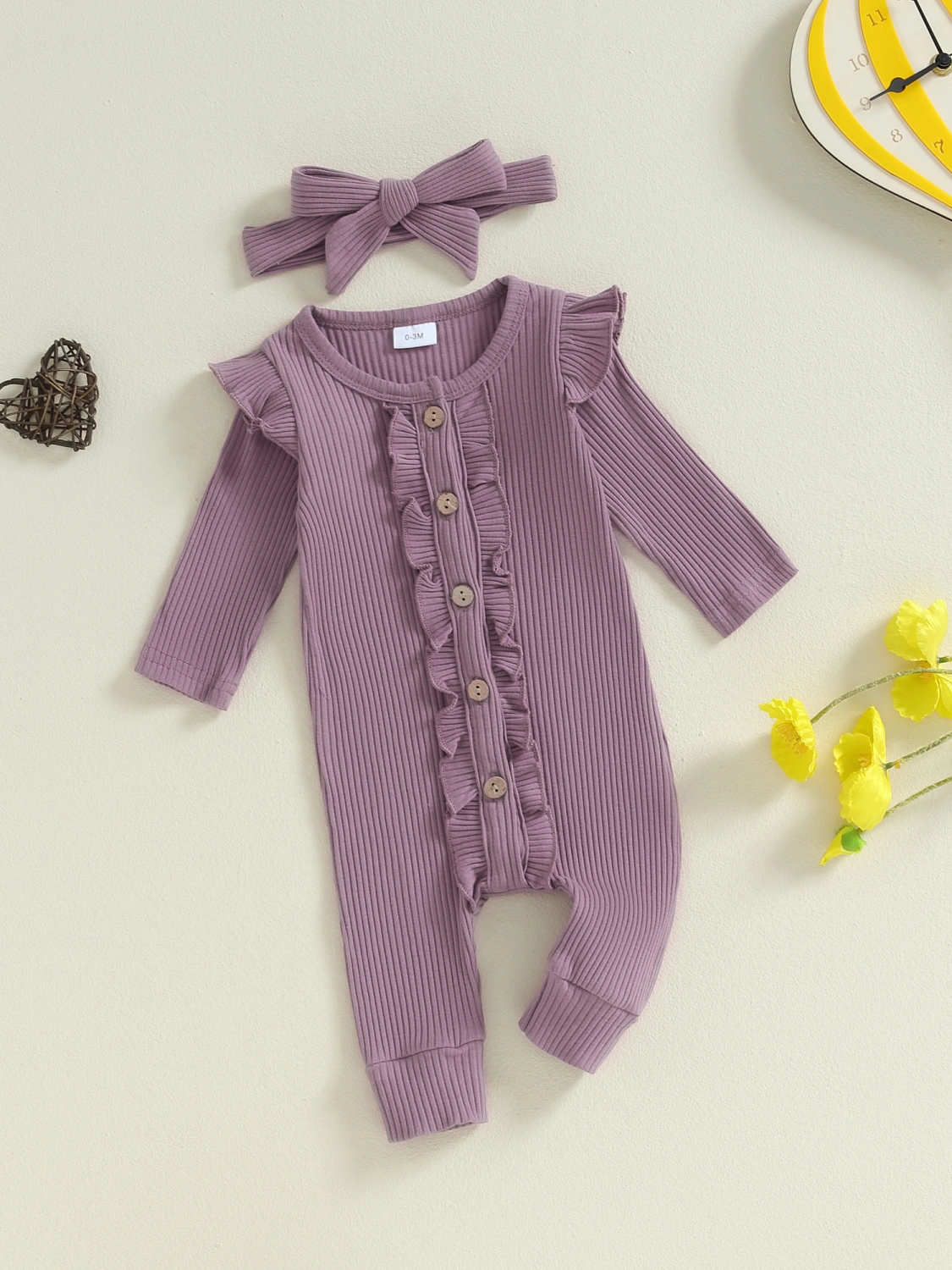 Baby Girl Rompers Solid Color Crew Neck Bodysuits with Headband