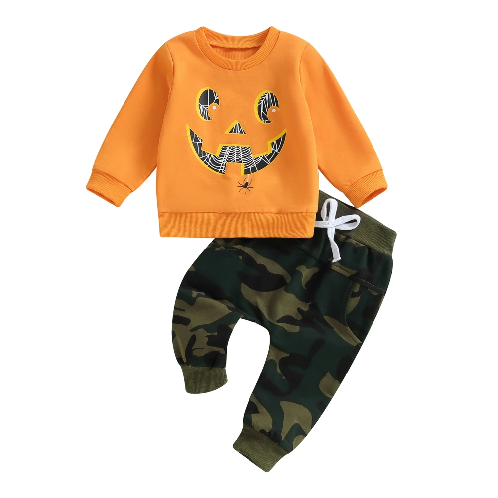 Boys Halloween Pants Set, Grimace Print Sweatshirt Camouflage Pants