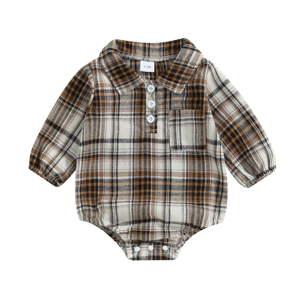 Baby Boy Plaid Romper Pocket Lapel Neck Long Sleeve Button Jumpsuit