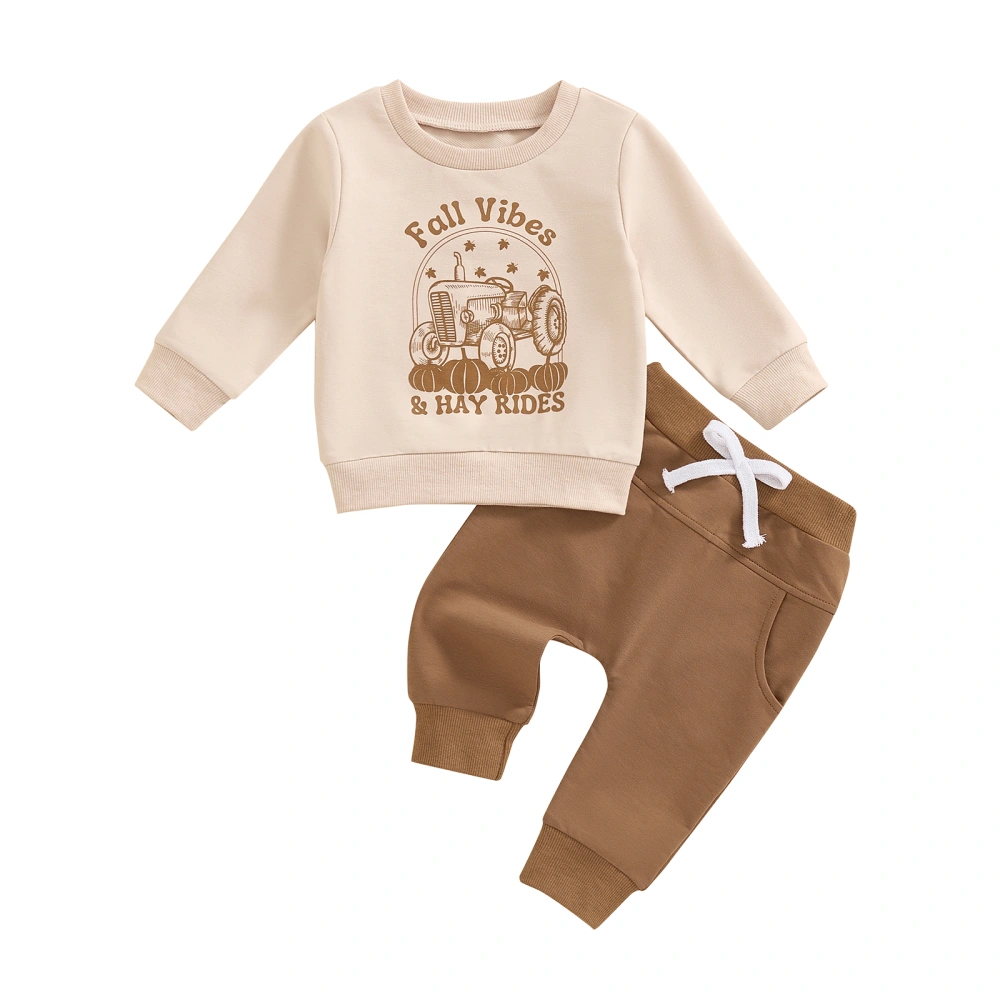 Baby Boy Fall Outfit, Bulldozer Print Sweatshirt Elastic Waist Pants 