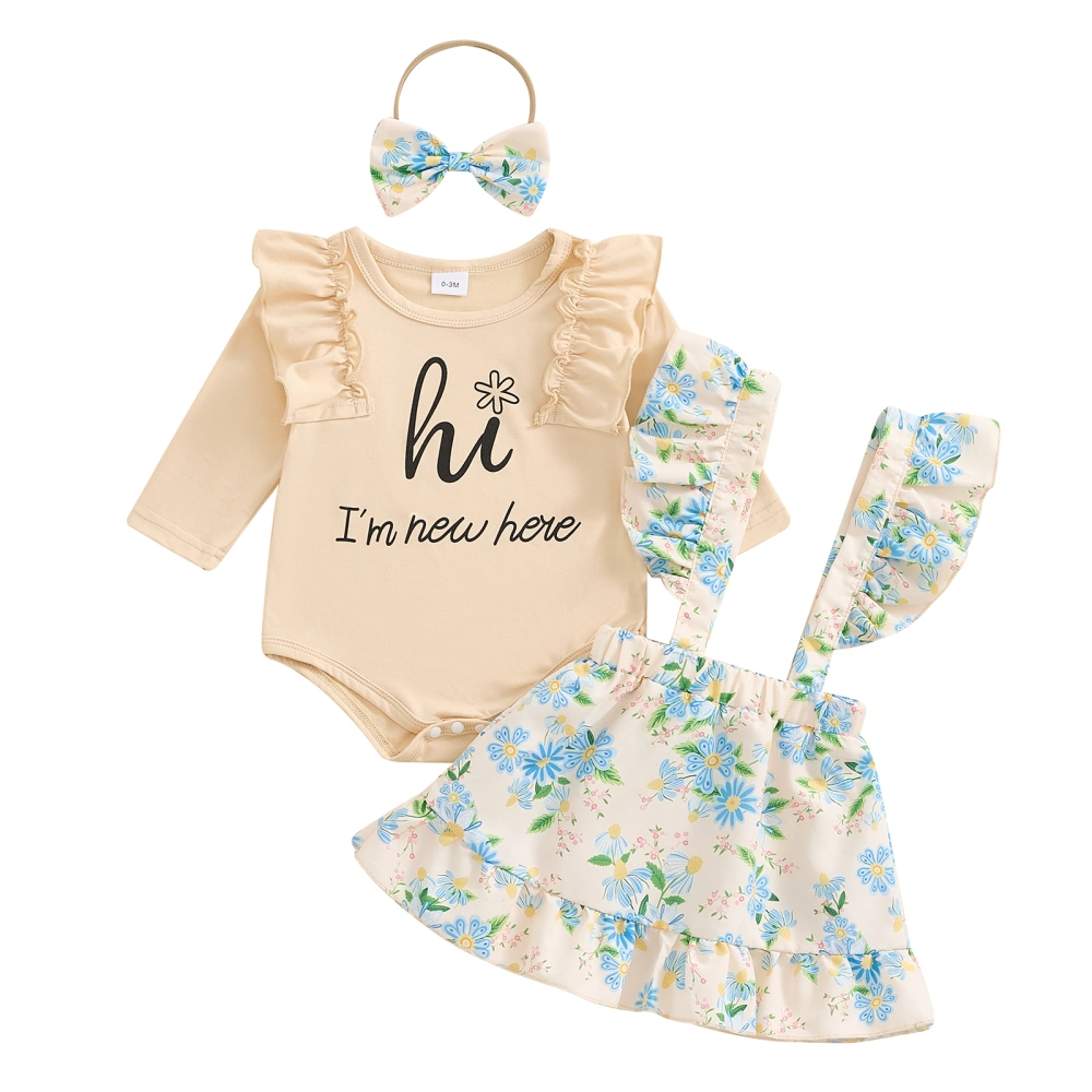 Baby Girls Outfit Letters Print Romper Floral Suspender Skirt Headband