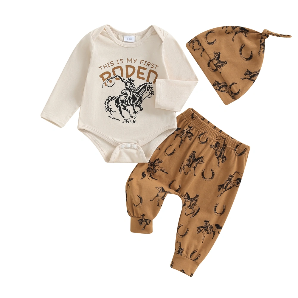 Boys 3PCS Outfit Long Sleeve Letter Print Romper Horse Print Pants Hat