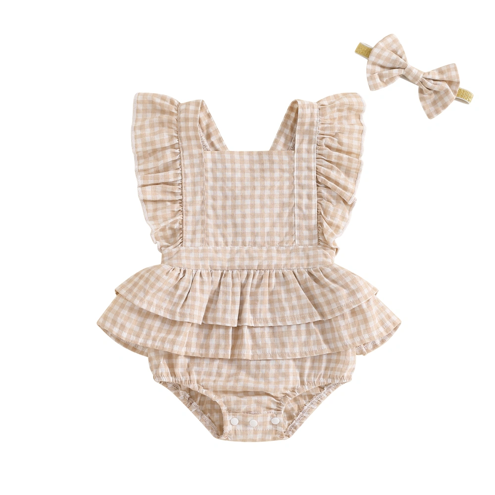 Baby Girl Romper Dress Plaid Print Ruffles Jumpsuit and Headband