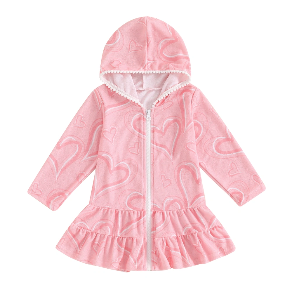 Toddler Girl Swim Cover Up Long Sleeve Heart Print Hooded Bathrobe