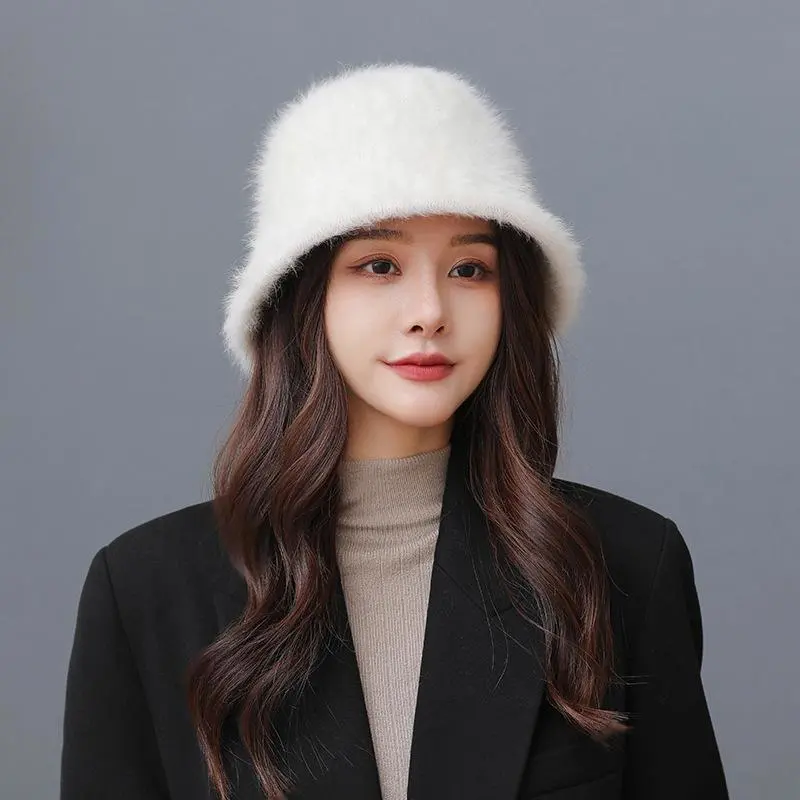 Rabbit Hair Hat for Women Winter Warm Hats Korean Bucket Hat Cute Fisherman Hat Round Top, Short Brimmed Hat Sweet Simple Hat