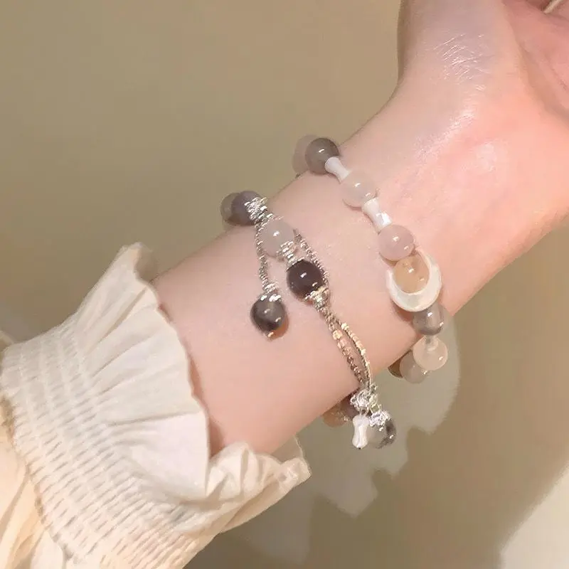 Natural stone moon stacking bracelet for women, niche design, light luxury, high-end beaded hand jewelry, gift for student girlfriends