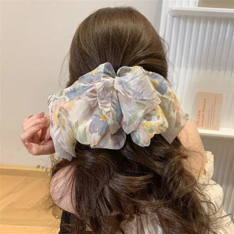 Floral bow headpiece hairpin chiffon material spring clip women's summer hairpin back head clip hair ornament