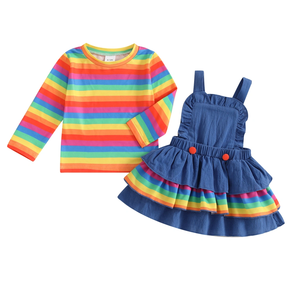 Little Girl Fall Outfit, Striped Long Sleeve Tops Suspender Skirt 