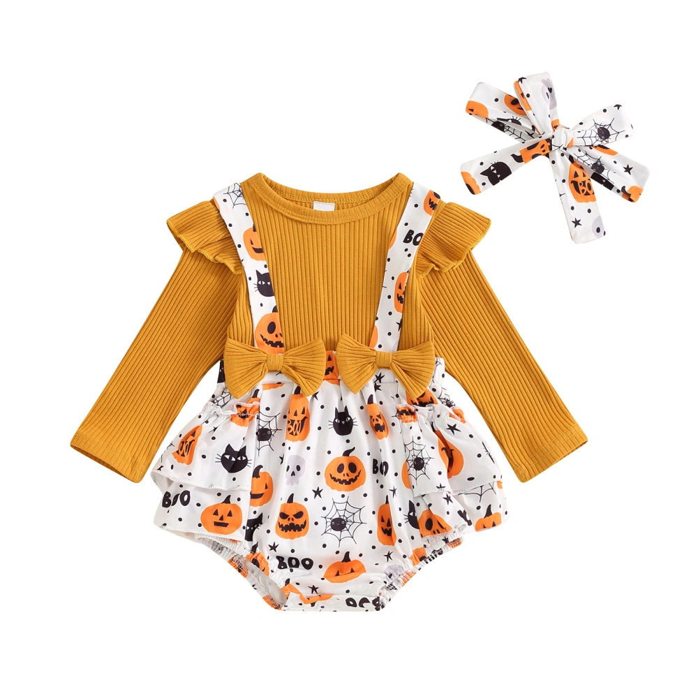 Baby Girls Halloween Jumpsuits Pumpkin Print Romper and Headband