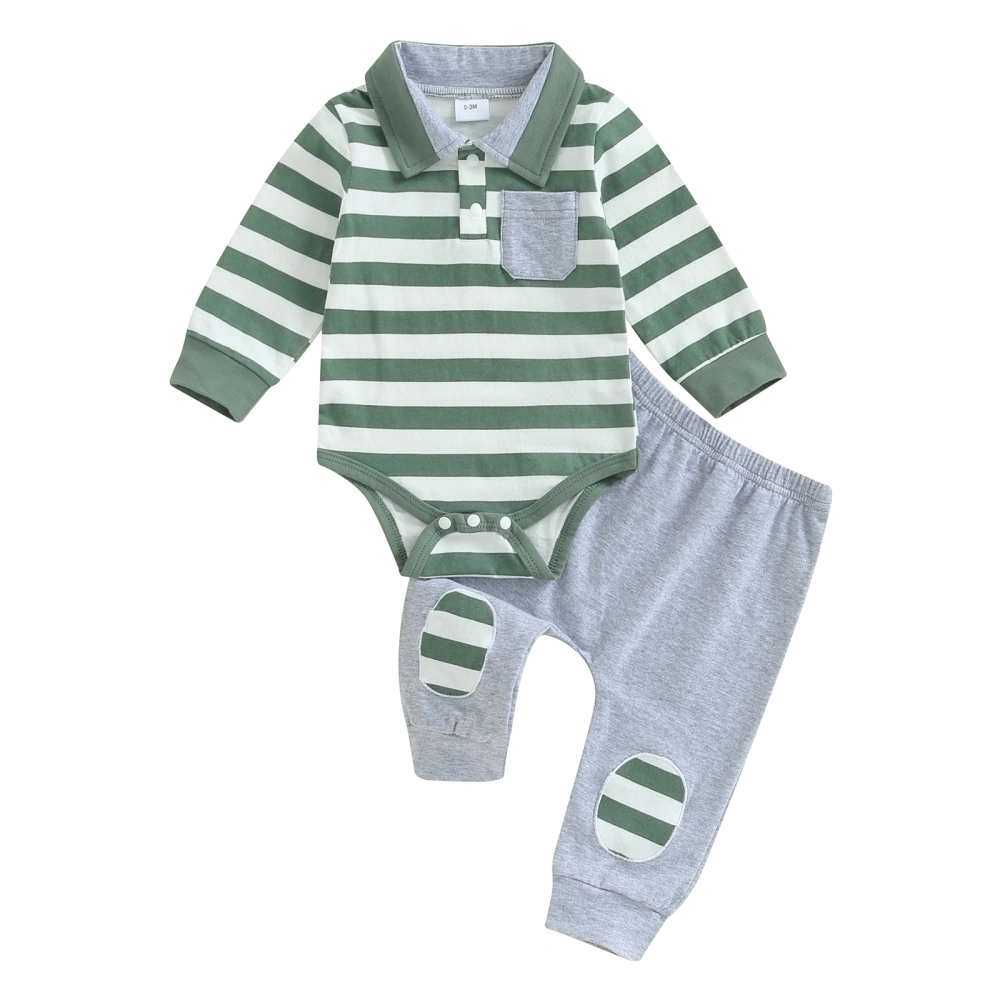 Baby Boys Fall Outfits Stripe Rompers Elastic Waist Long Pants