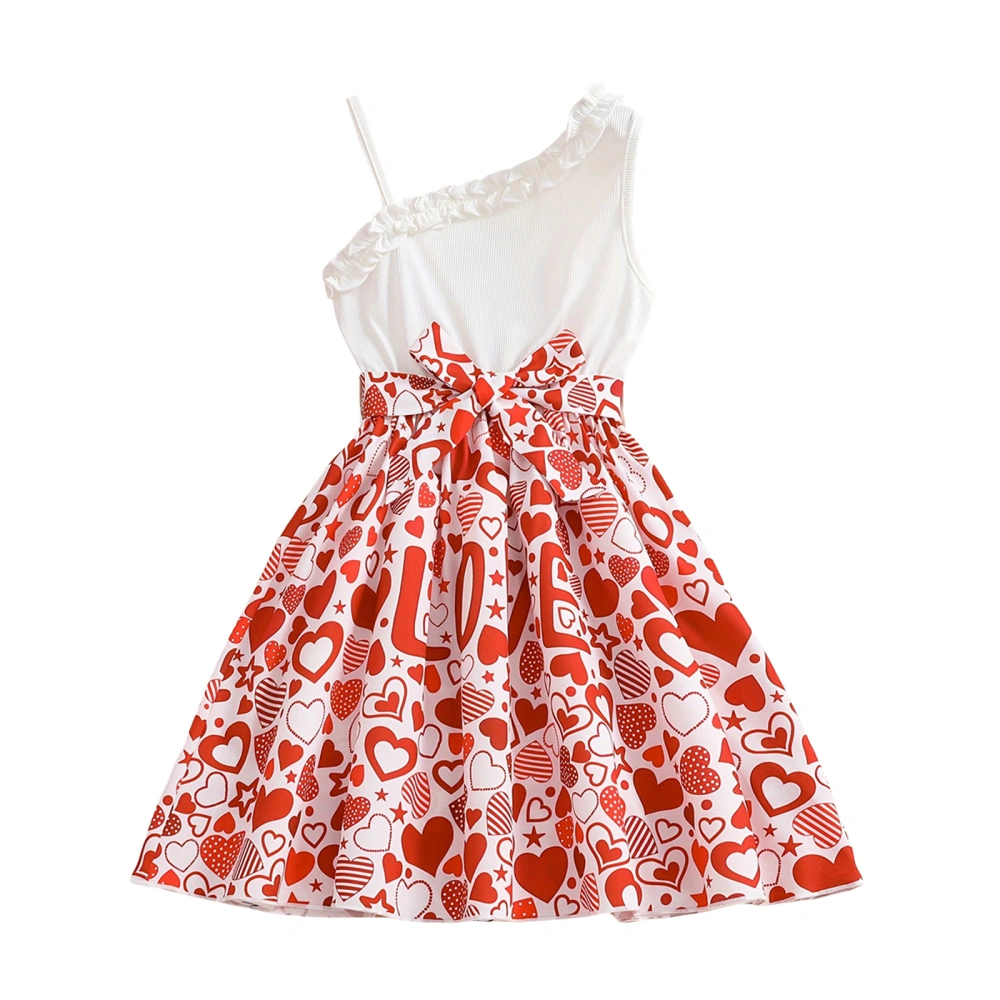 Girls A-line Dress, Sleeveless Frills Heart Print Dress with Belt