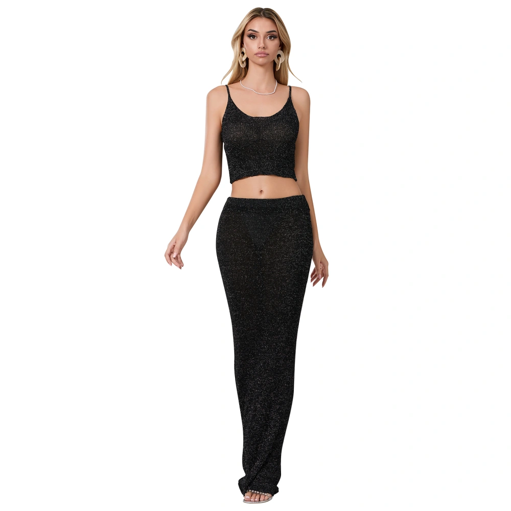 Women Bright Silk Set Scoop Neck Crop Cami Long Skirt Bodycon Outfit