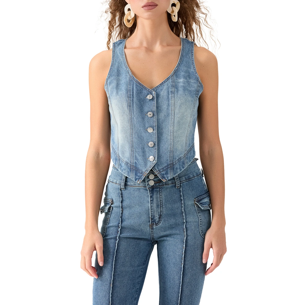 Women's Denim Vest Slim Fit V Neck Sleeveless Button Down Tops