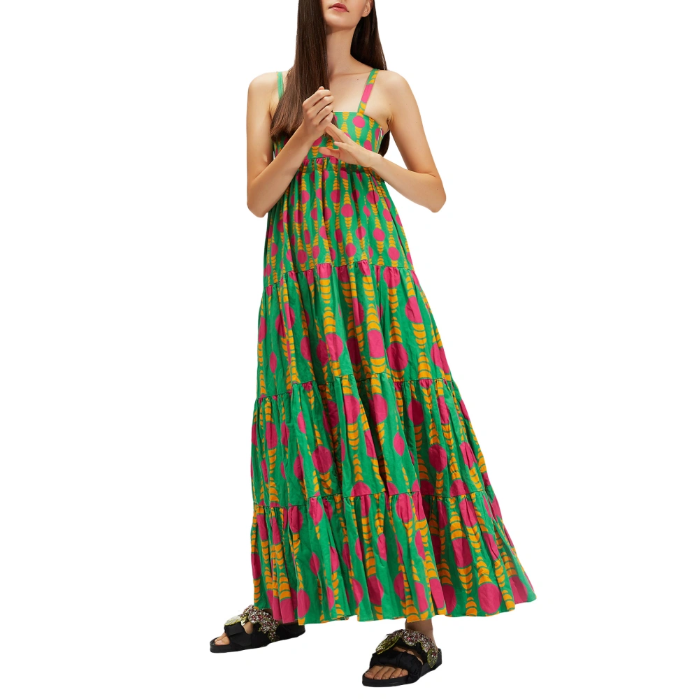 Women’s Boho Long Dress Fashion Print Sleeveless Tiered Beach Dress