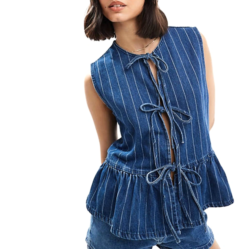 Women's Stripe Denim Vest Round Neck Tie Front Peplum Tank Tops