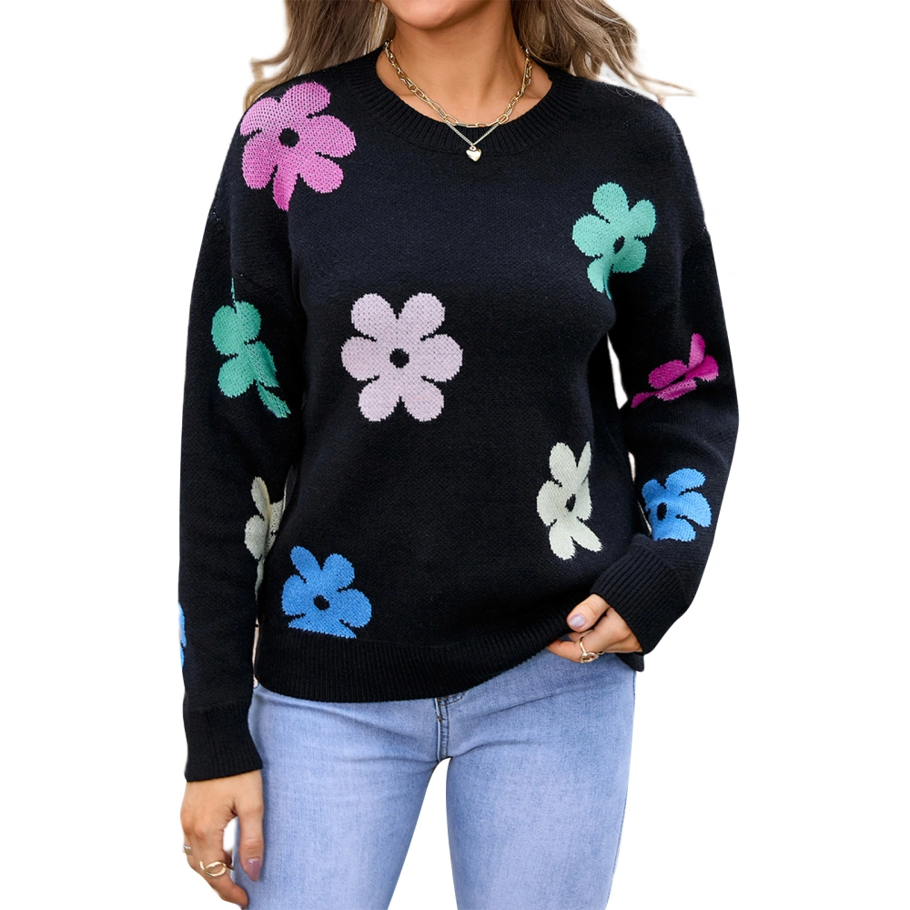 Women Knit Sweater Long Sleeve O Neck Flower Embroidery Knitwear