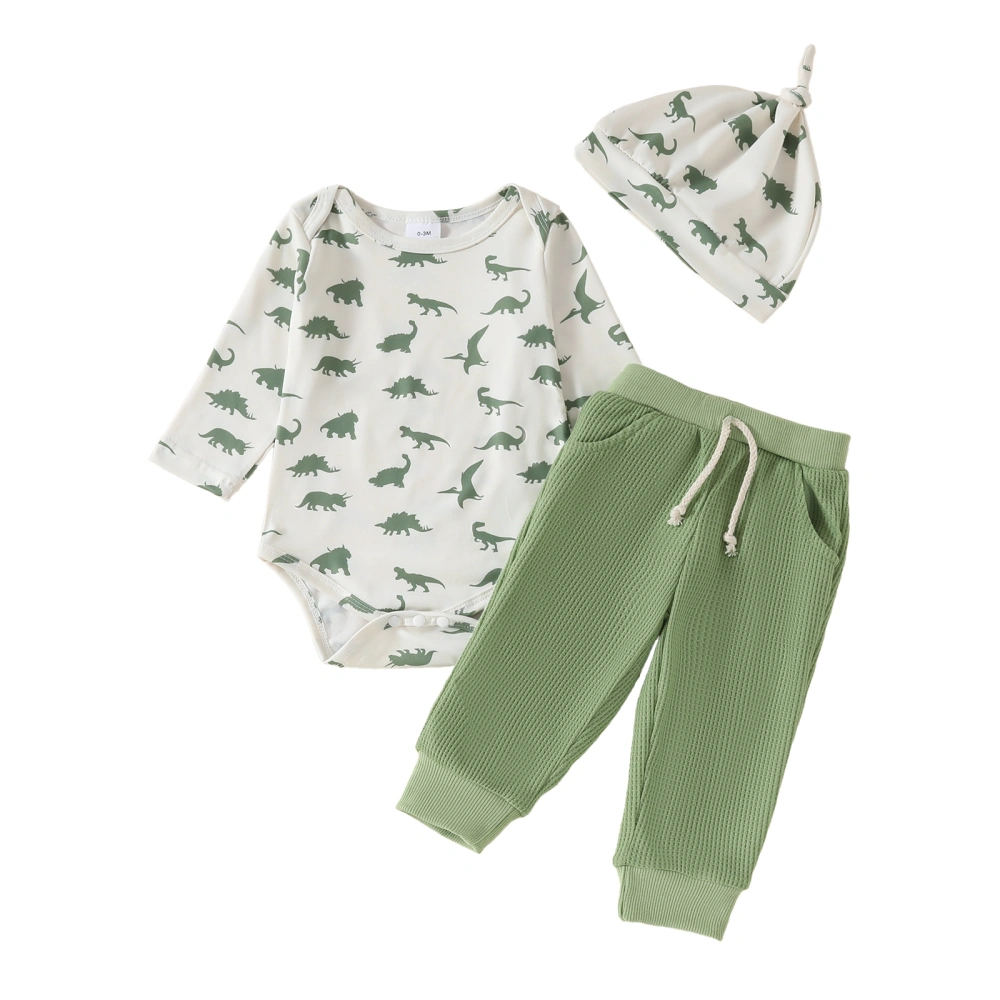 Baby Boy Dinosaur Outfit, Long Sleeve Romper Elastic Waist Pants Hat 