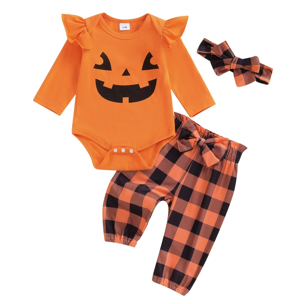 Baby Girl Halloween Outfit, Pumpkin Romper Plaid Pants Tie Headband 