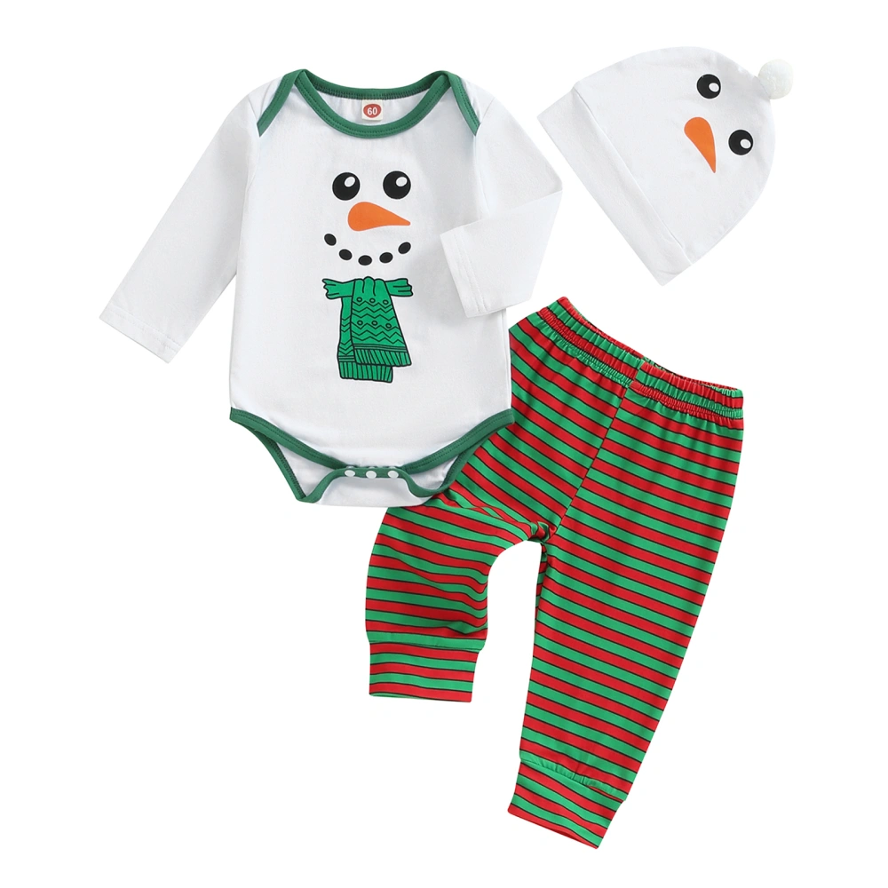 Baby Boy Christmas Outfit Snowman Print Rompers and Striped Pants Hat