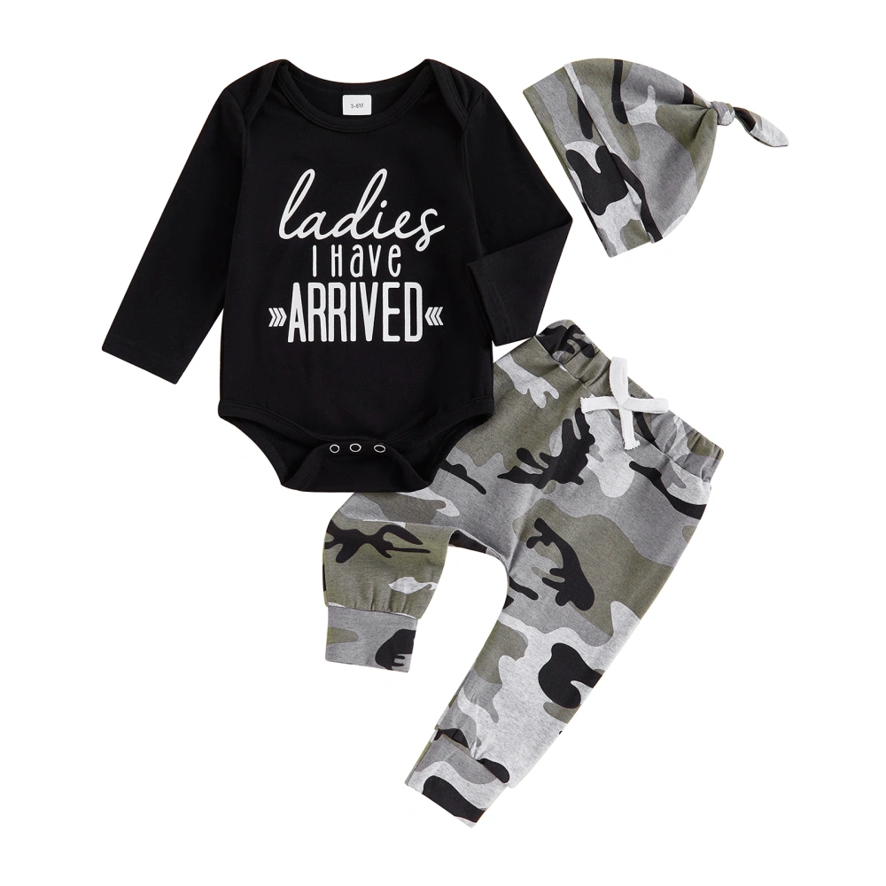 Baby Boy Fall Outfit Letter Print Rompers and Camouflage Pants Hat Set