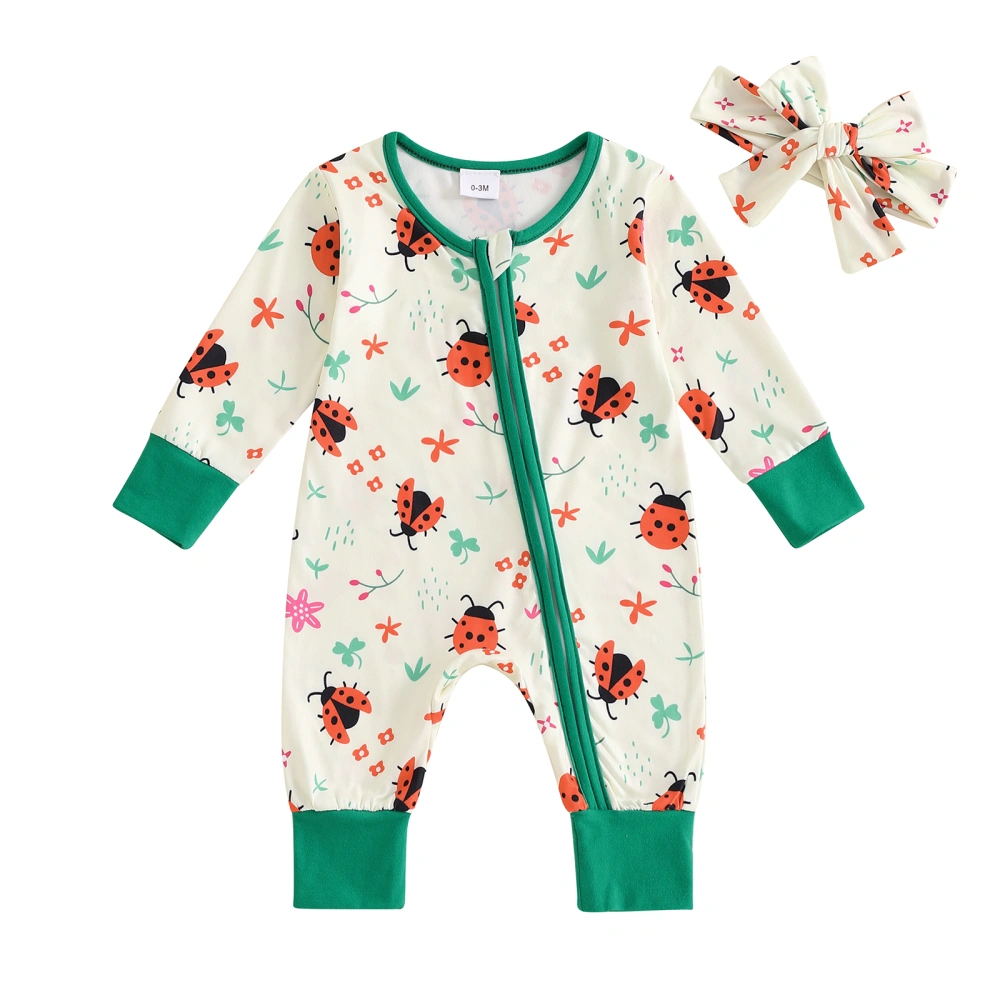 Girl Zipper Jumpsuit Insect/Floral/Turtle Print Romper with Headband