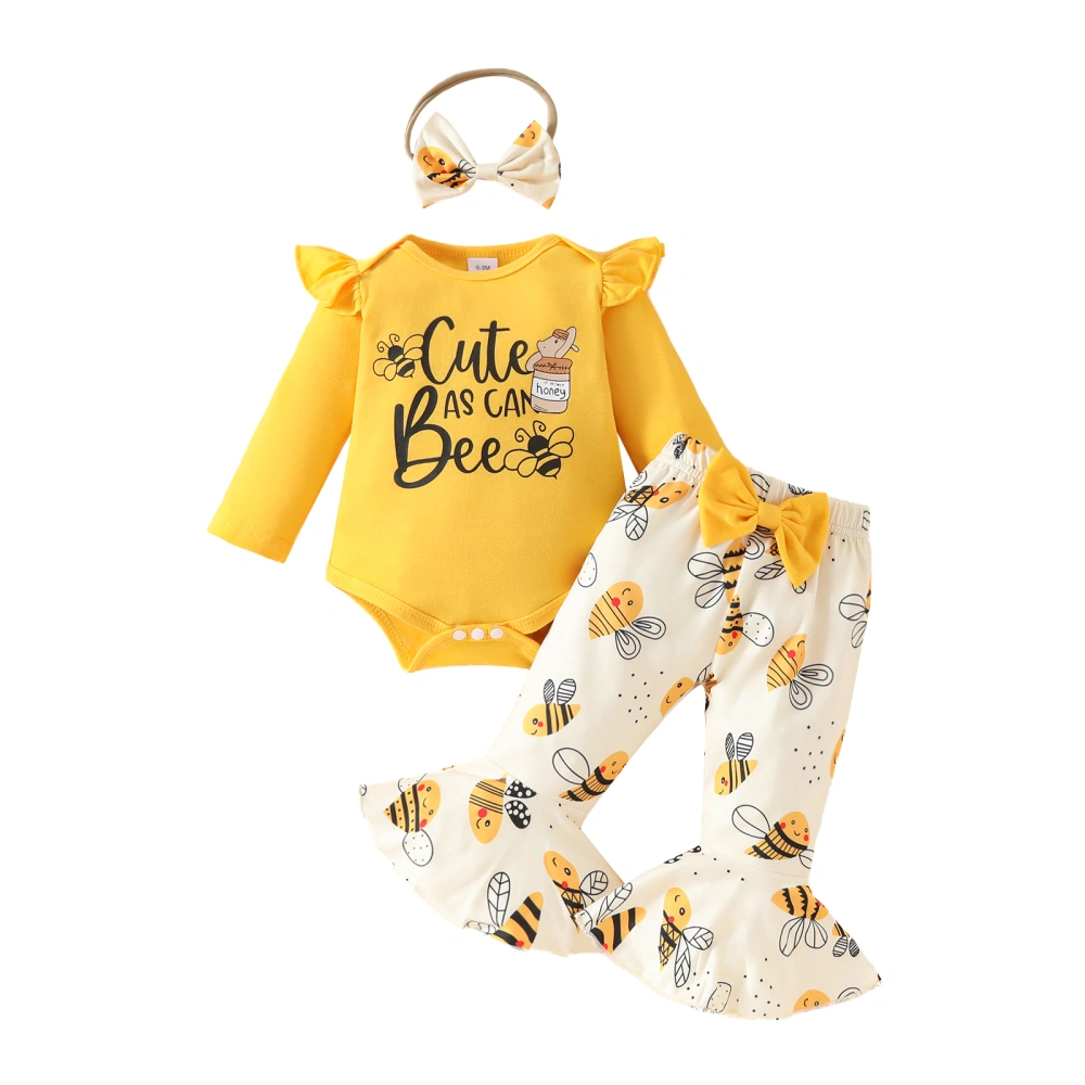 Baby Girls 3Pcs Fall Outfits Bee Print Romper + Pants + Headband