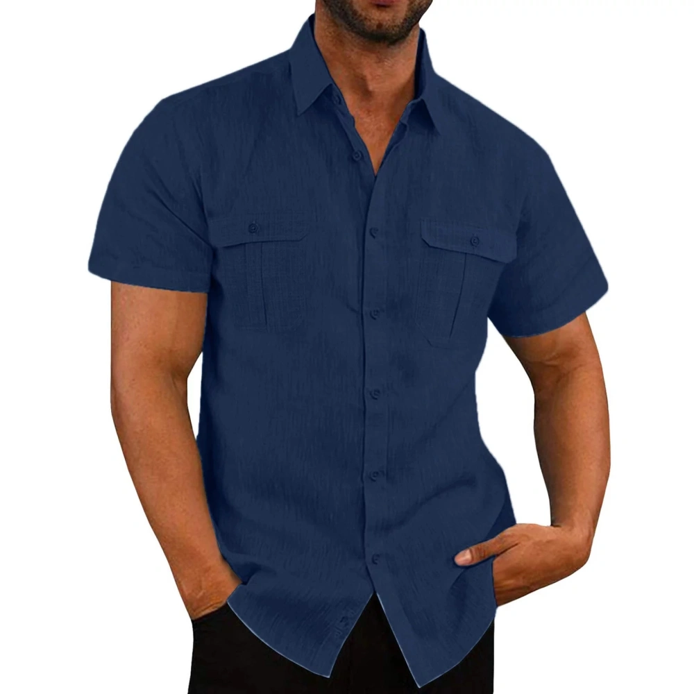 Men’s Button Down Shirts Short Sleeve Lapel Collar Solid Color Shirts 