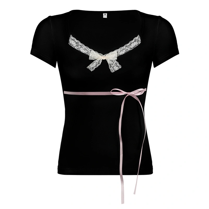 Women's Slim Sweet Tops Short Sleeve Lace Trim Bow Tie Front T-Shirt