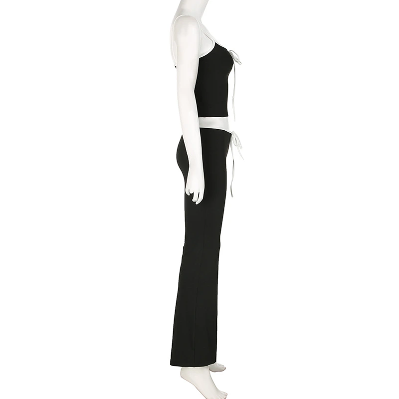 Women 2 Piece Outfits Contrast Color Camisole and Elastic Flare Pants