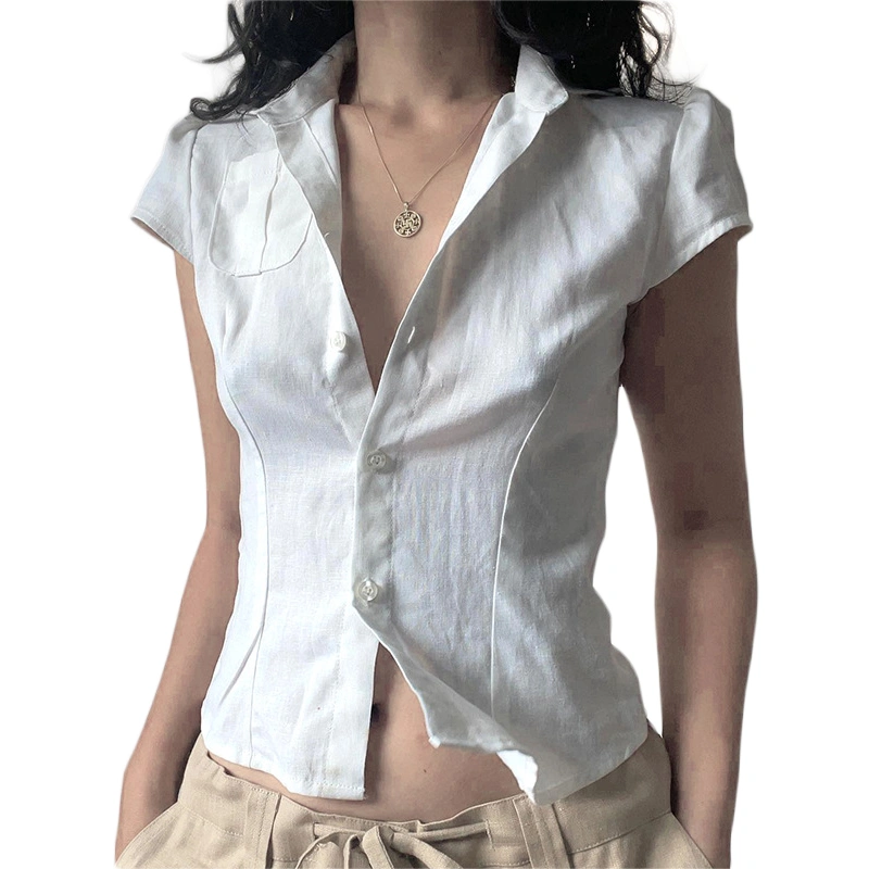 Women Short Sleeve Shirts Solid Color Turn-Down Collar Blouses