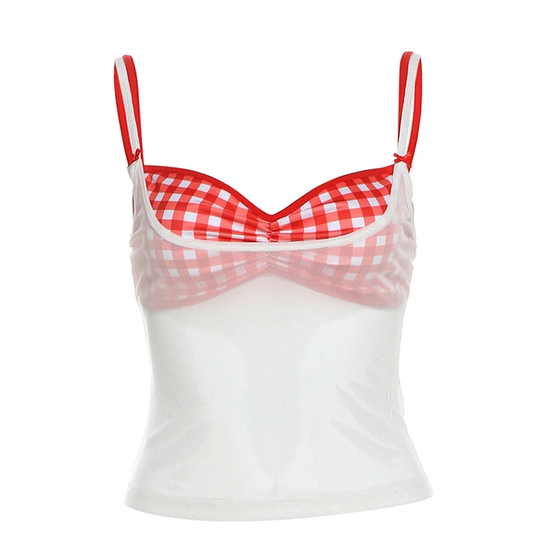 Women 2-piece Set, Backless Sheer Camisole with Plaid Bra Clubwear