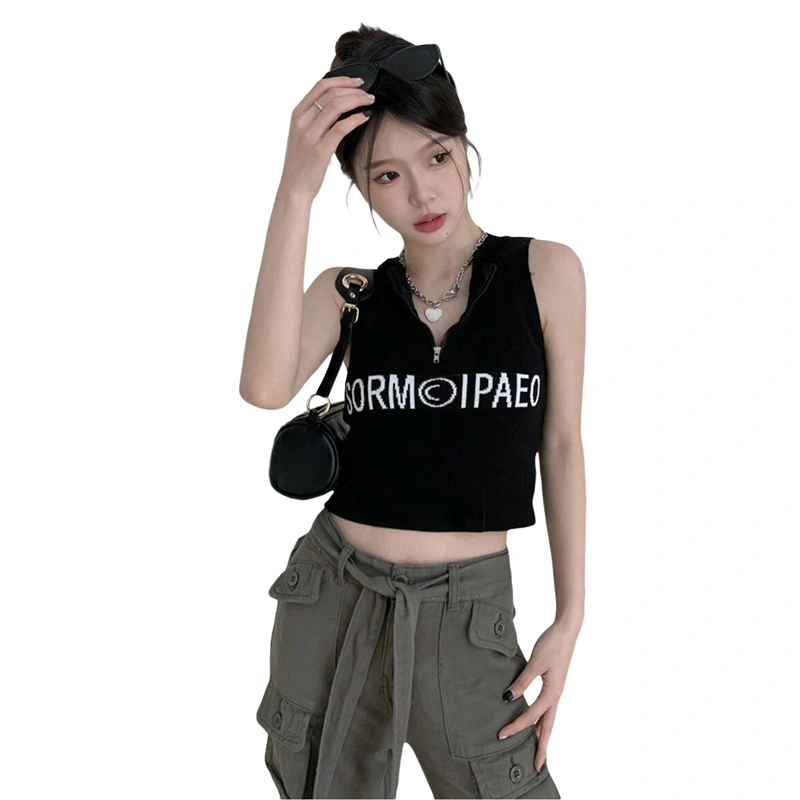 Womens Zip Up Tank Tops Slim Letter Print Sleeveless Crop Shirt 