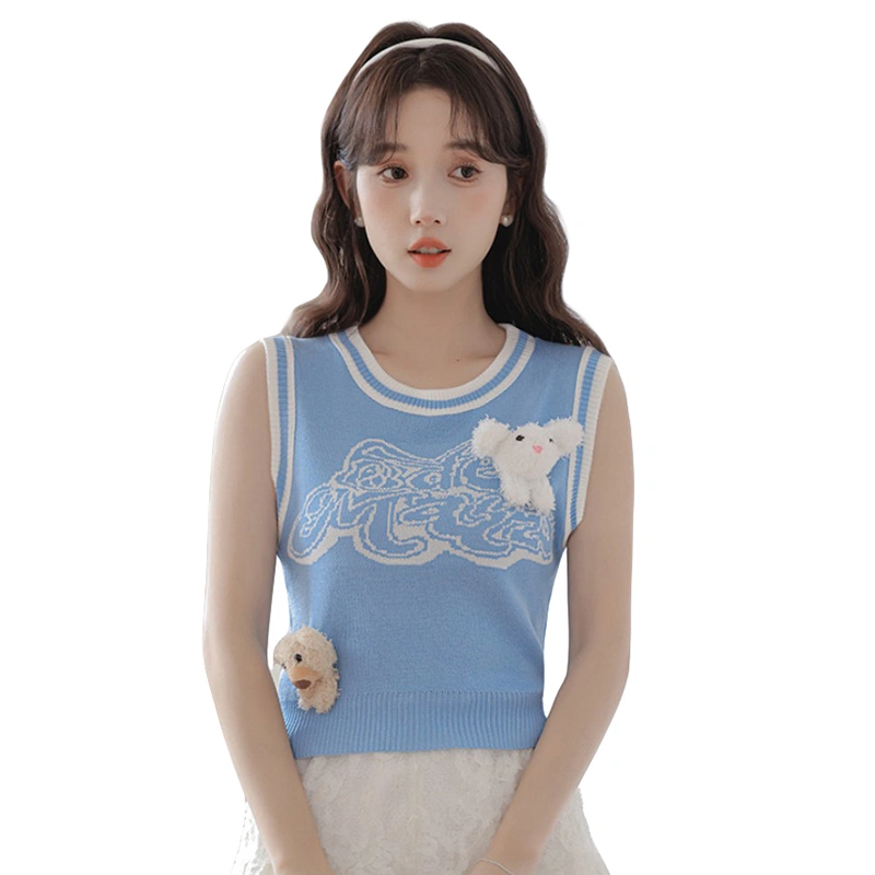 Women Knit Tank Tops Sleeveless Round Neck 3D Doll Decor Knitwear