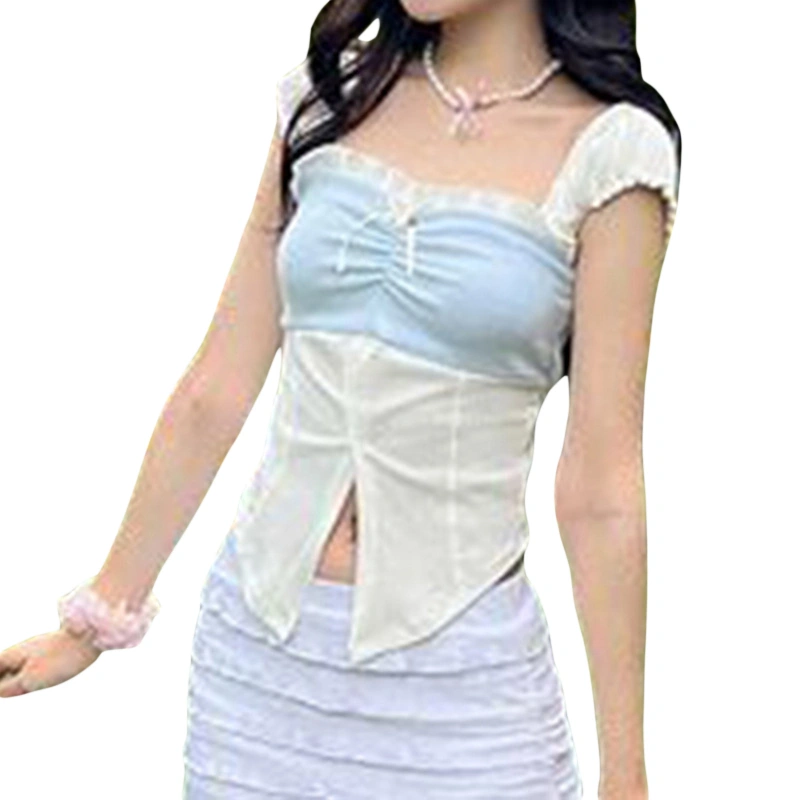 Women's Ruffle Trim Neckline Tops Bubble Sleeve Contrast Color T-shirt