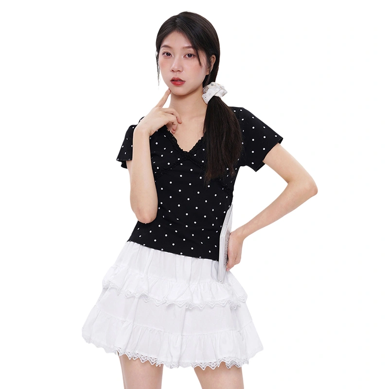 Women Lace Trim Short Tops Short Sleeve V Neck Dot Print T-shirt