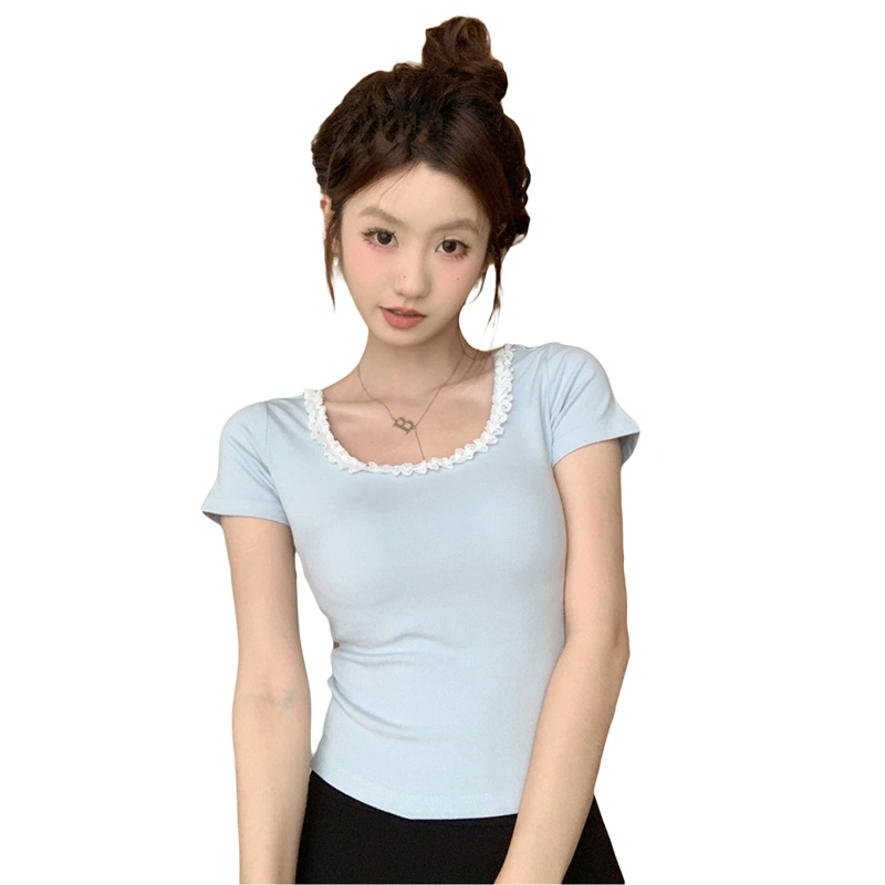 Women's Lace Trim T-Shirts Short Sleeve Square Neck Summer T-Shirts