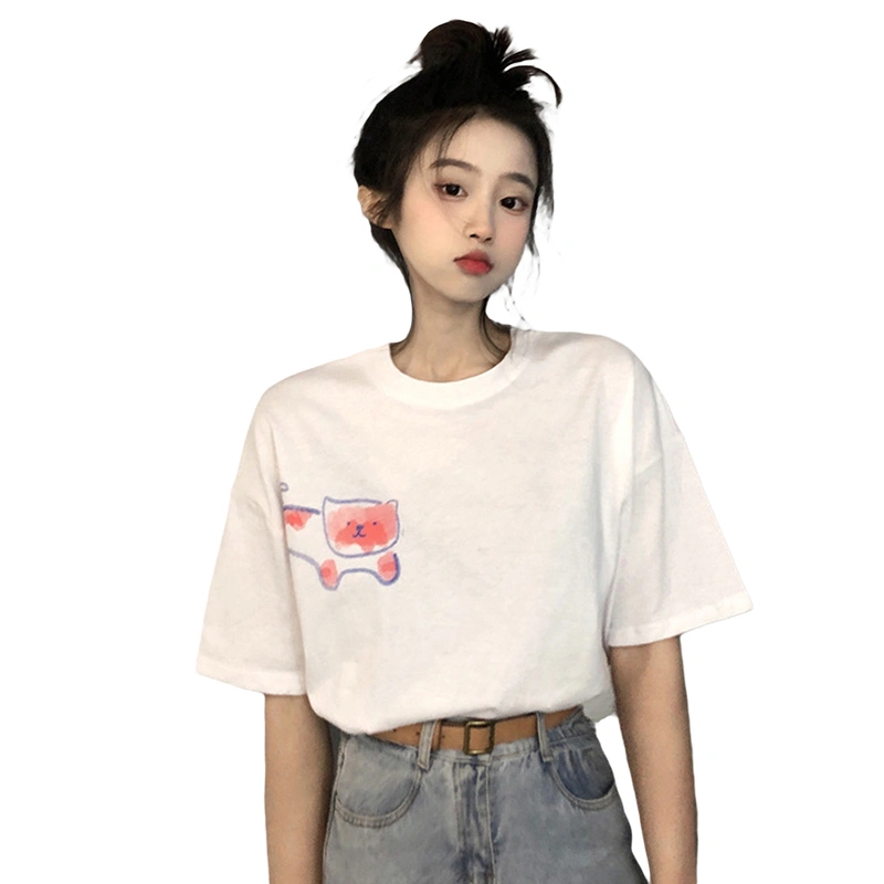 Women's Loose T-Shirt Cute Cat Print Short Sleeve Casual Tops 