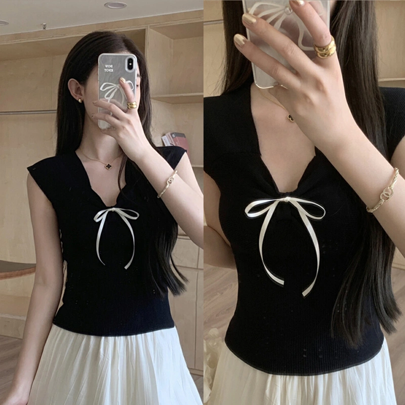 Women Knit Tops, Elegant V-neck Cap Sleeve Tie-up T-shirt Streetwear