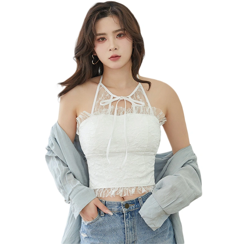 Women Padded Halter Neck Tops Jacquard Lace Ruffle Backless Shirts