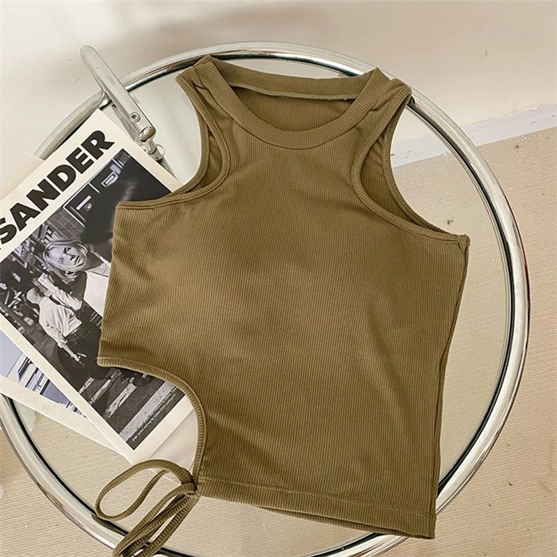 Womens Crop Padded Tank Tops Stretchy Cut Out Tie-Up Sleeveless Shirt 