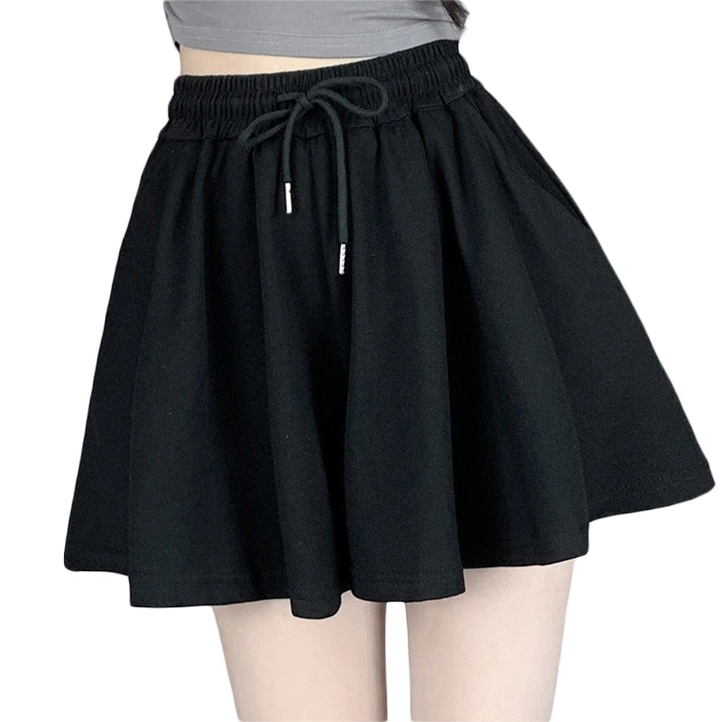 Womens A-Line Skorts Loose Solid Color Wide Leg Drawstring Shorts 