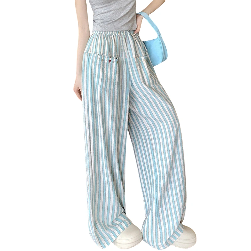 Women Striped Long Pants Loose High Waist Wide Leg Casual Trousers